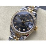 Datejust series, grey dial with diamonds, 31mm, gold and silver two-tone strap.